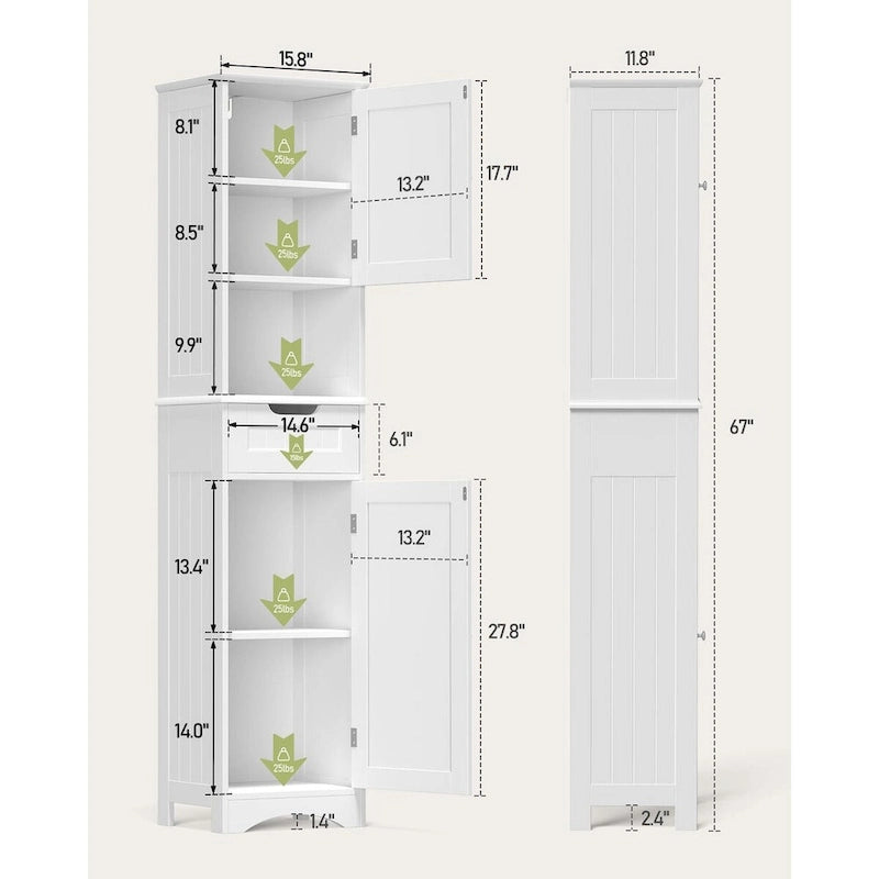 Portes et étagères ouvertes d'un meuble de salle de bain autoportant, étroit et haut