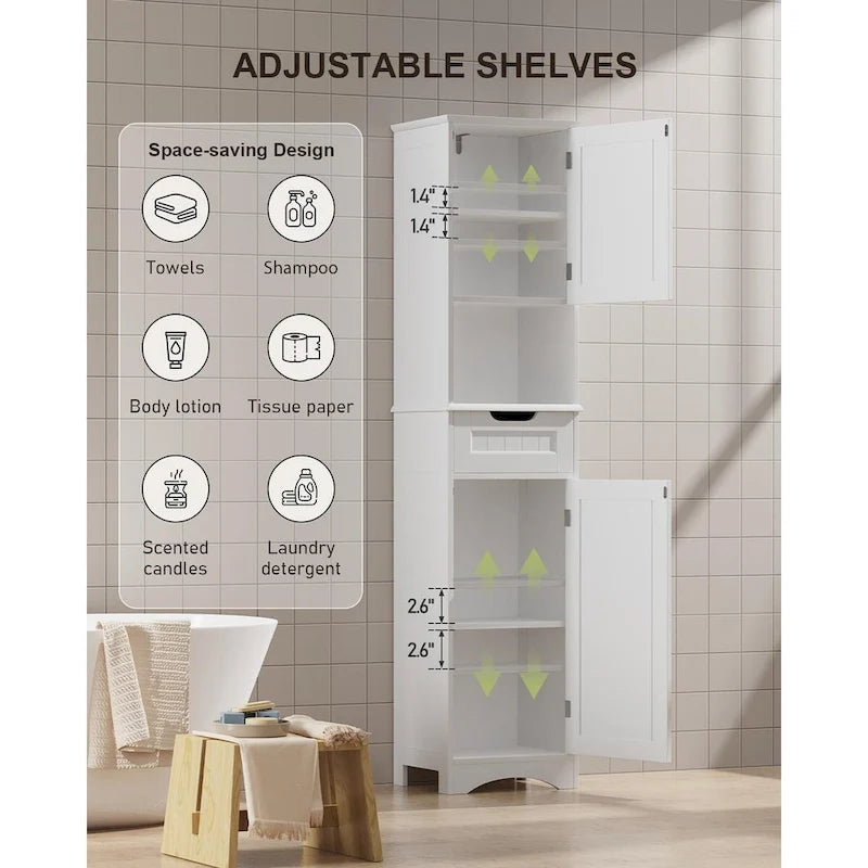 Portes et étagères ouvertes d'un meuble de salle de bain autoportant, étroit et haut