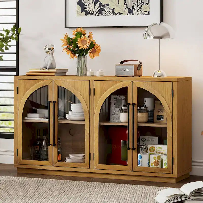 60 Farmhouse 4-Door Large Storage Vintage Sideboard with Metal Handles and Adjustable Shelves